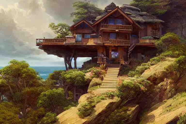 lovely a - frame home sits atop a broad cliff, overlooking the entirety of the blue sky, digital painting by greg rutkowski and gaston bussiere, zbrush, cgsociety contest winner, comprehensive art, intricate, landscape photography, brightly radiant atmosphere, overcast sky, homogeneous to hawaii, 4 k, 8 k 