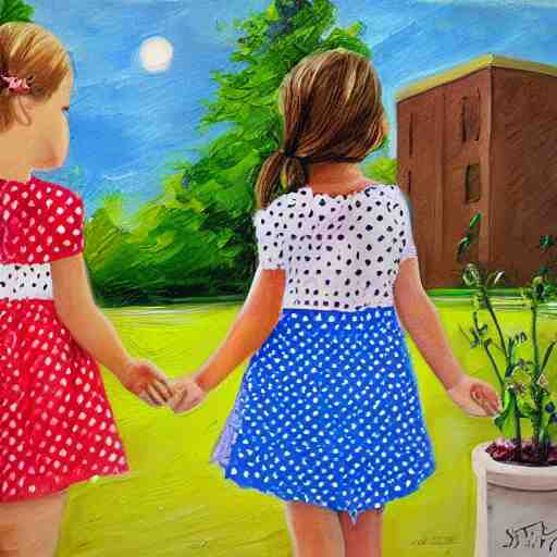 two little girls wearing polka dot dresses are smoking a big joint together behind the school building, realistic painting 