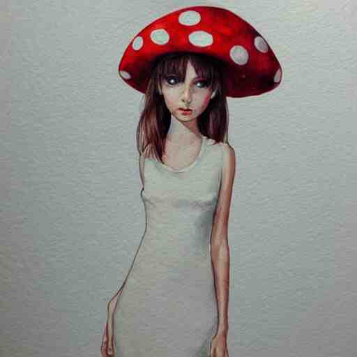 Portrait of a thin girl in full height, elegant pose, a huge toadstool hat on her head, large eyes without a pupil artstation, watercolor, highly detailed,