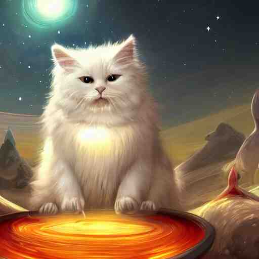 illustration of a white fluffy cat wizard casting a spell in space. 4k trending ArtStation highly detailed vibrant