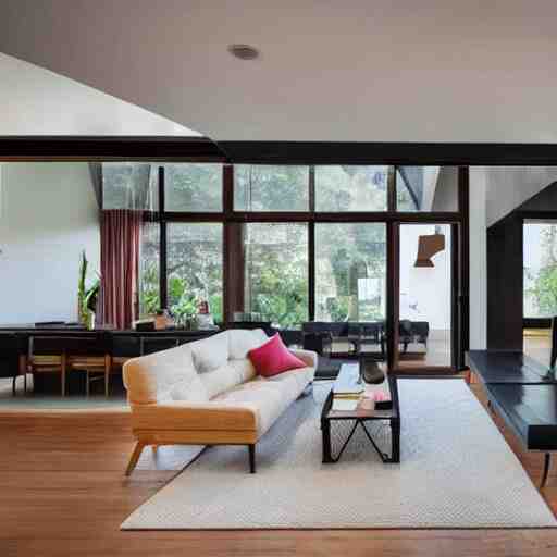 A modern living room with 2 sofas facing each other with a white marble table in the center, on the left side of the living room there is a floor to ceiling glass window that leads to the courtyard, on the right side of the living room there are wooden stairs that lead to the second floor