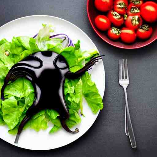 a plate of food made of salad and huge alien xenomorph, award winning photographer, food photography 