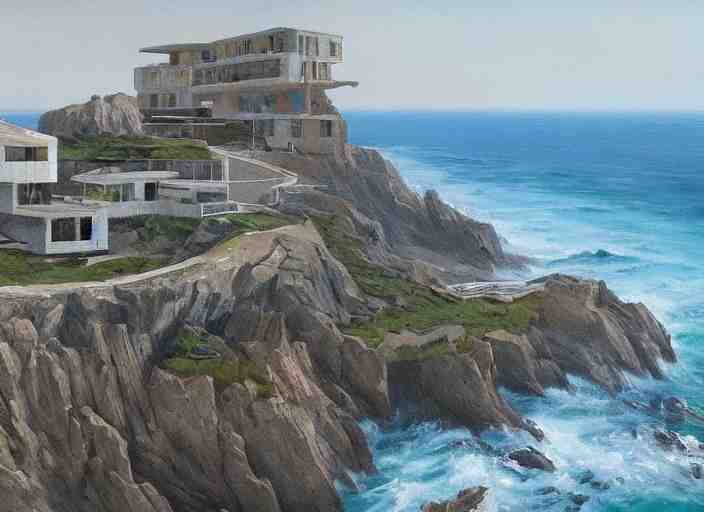 brutalist house, coastal perched on a cliff overlooking a magnificient bay, concept art oil painting by Jama Jurabaev, extremely detailed, brush hard, artstation