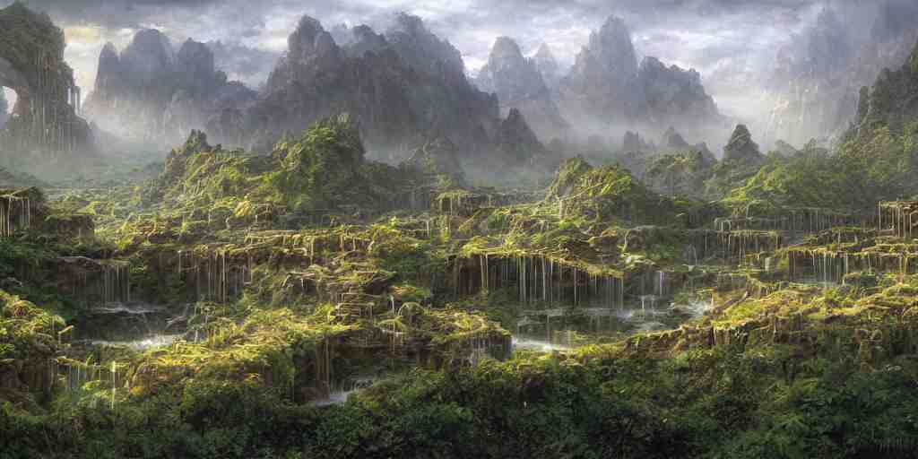 Fantastical open landscape by Ted Nasmith, elven city, pools of magical water, digital painting, concept art, landscape