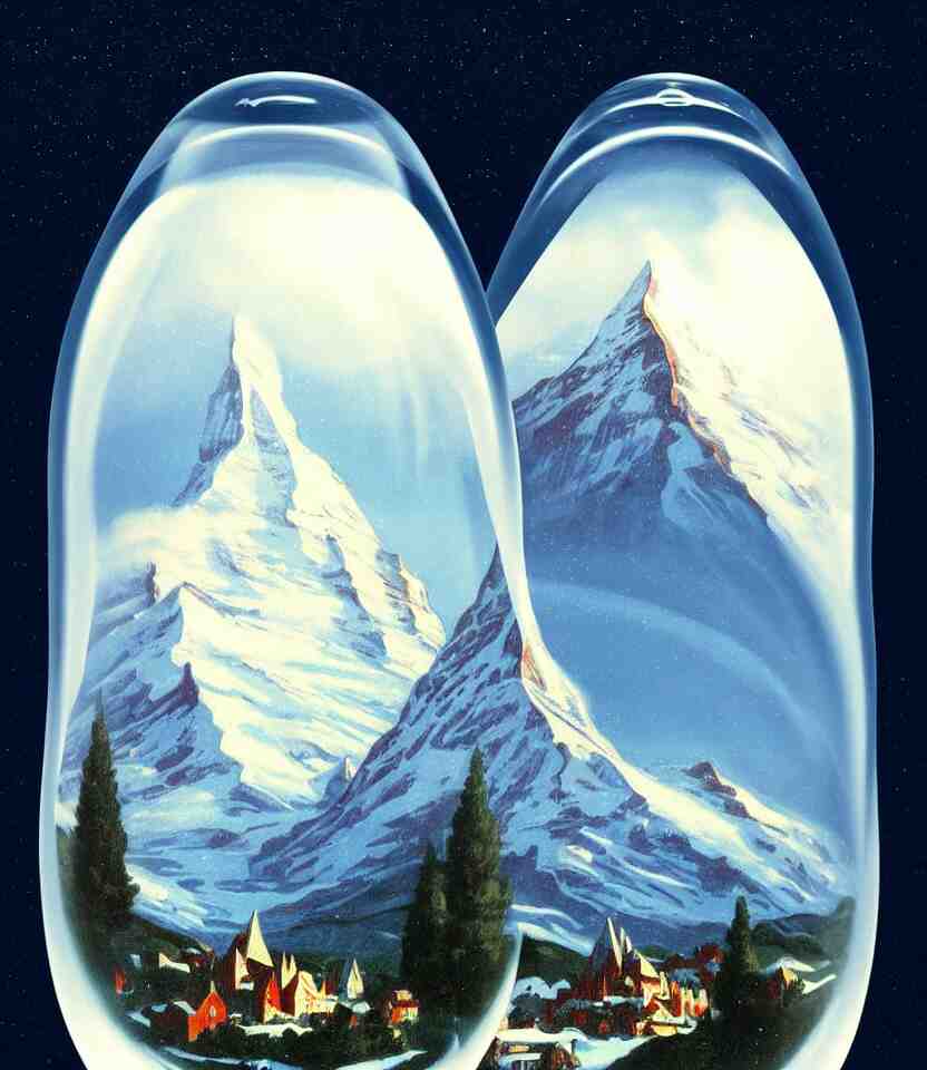 an achingly beautiful print of one cylindrical snow globe with the matterhorn inside by raphael, hopper, and rene magritte. detailed, proportional, romantic, vibrant, enchanting, trending on artstation 