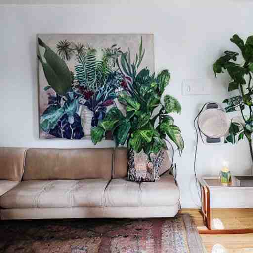 ! dream a living room with plants and speakers and a painting on the wall, a photorealistic painting by mollie forestier - walker, featured on tumblr, light and space, sanctuary, soft light, aesthetic 