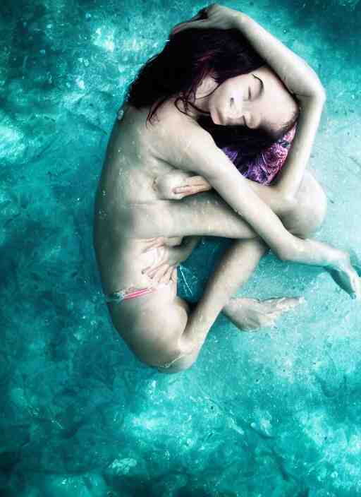 a photo of a a vast underwater with a woman in the center curled and hugging her knees. Cinematic post-processing. Award winning portrait photography. Sharp eyes.