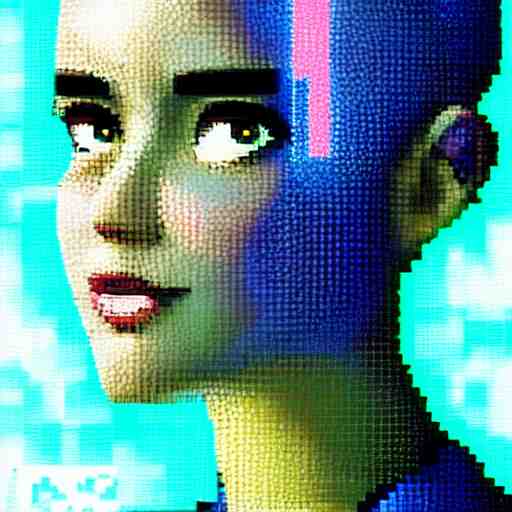 A pixel art, pointillisme potrait of a cyberpunk cyborg girl with big and cute eyes, fine-face, realistic shaded perfect face, fine details. Very anime style. Realistic shaded lighting poster by Ilya Kuvshinov katsuhiro, magali villeneuve, artgerm, Jeremy Lipkin and Michael Garmash, Rob Rey and Kentarõ Miura style, trending on art station