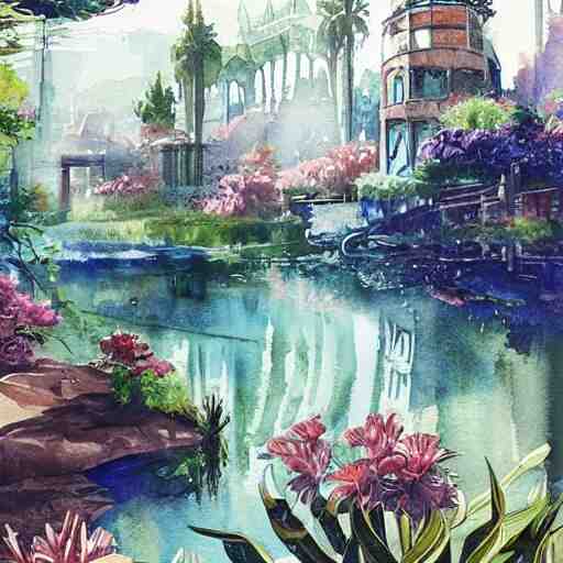 Beautiful happy picturesque charming sci-fi town in harmony with nature. Beautiful light. Water and plants. Nice colour scheme, soft warm colour. Beautiful detailed watercolor by Lurid. (2022)