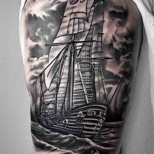 A pirate ship tattoo design in the style of Dmitriy Samohin, hyper realistic tattoo