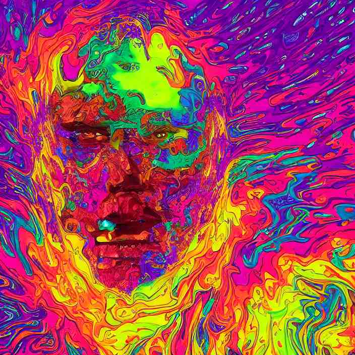 illustration of a colorful melting human head. flowers and blossoms, ferrofluids, burning water distortions. intricate abstract. intricate artwork. dan mumford. octane render, trending on artstation 