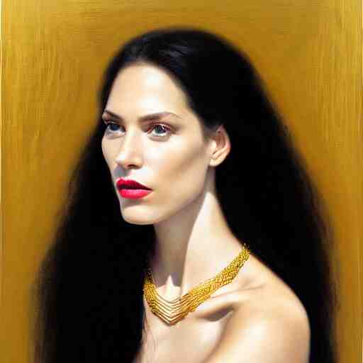 Facial portrait of a gorgeous girl, looking away from the camera, seductive smile, heavy gold jewellery, gold and pearl necklaces, elegant revealing intricate dress, sparkle in eyes, lips slightly parted, long flowing hair, no hands visible, delicate, teasing, arrogant, defiant, bored, mysterious, intricate, extremely detailed painting by Mark Brooks (and by Greg Rutkowski), visible brushstrokes, thick paint visible, no light reflecting off paint, vibrant colors, studio lighting