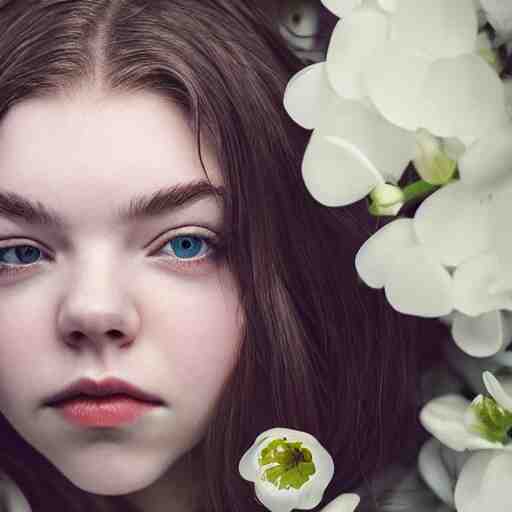 a beautiful girl like anya taylor - joy floating under the deep water, white petal, by personal photography, art by brookskim, closeup, 4 k, highly detailed, instagram, 