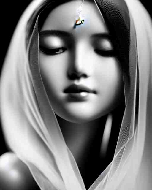 black and white dreamy young beautiful veiled female artificial intelligence, realistic pearl ornament in the face, long hair are intricate with highly detailed realistic pearls, cinematic, rim light, bokeh, photo - realistic, elegant, high detail, 8 k, masterpiece, photo taken in 1 9 3 0 