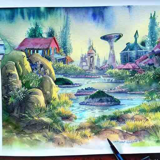 Beautiful happy picturesque charming sci-fi town in harmony with nature. Beautiful light. Water and plants. Nice colour scheme, soft warm colour. Beautiful detailed watercolor by Lurid. (2022)