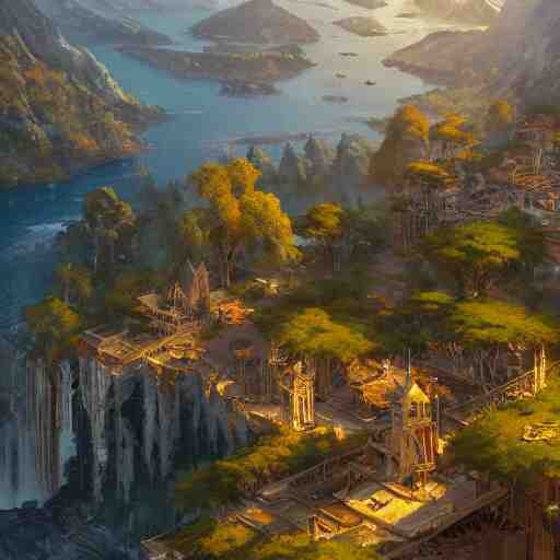 a birds eye view overlooking an ancient fantasy city surrounded by mountains and trees of greens and browns, rivers and lakes by Jordan Grimmer, Asher Brown Durand and Ryan Dening, 8k, artstation, beautiful color pallette