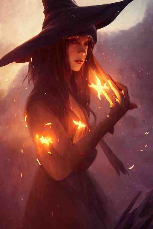 a beautiful dark magician girl with a large witches hat that covers her face by Greg Rutkowski, Sung Choi, Mitchell Mohrhauser, Maciej Kuciara, Johnson Ting, Maxim Verehin, Peter Konig, final fantasy , mythical, 8k photorealistic, cinematic lighting, HD, high details, atmospheric,