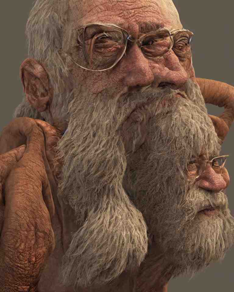 A highly detailed portrait 3D render of a singular craggly old man. Wise, gaunt, ancient, smiling. ZBrush, Blender. Trending on cgsociety.  Dramatic lighting.  Beautiful.  Colorful.  By Mark Mann and Jimmy Nelson.