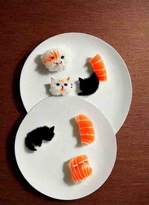 clear surrealist painting of adorable cats made from sushi rice, sitting on sushi plates with garnish 