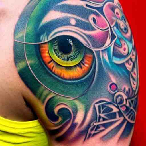 shoulder tattoo of a multicolored trippy dancing bushbaby with rainbow colored spiral eyes, surrounded by colorful flowers 