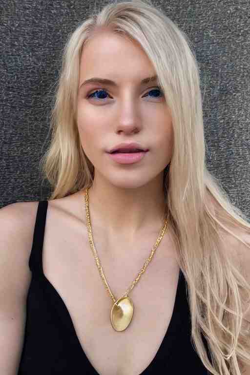 2 4 year old professional blonde female wearing white v - neck top, single gold chain necklace, neck zoomed in, photo realistic, extreme detail skin, light freckles, no filter, slr, golden hour, 4 k, high definition, photograph, selfie 