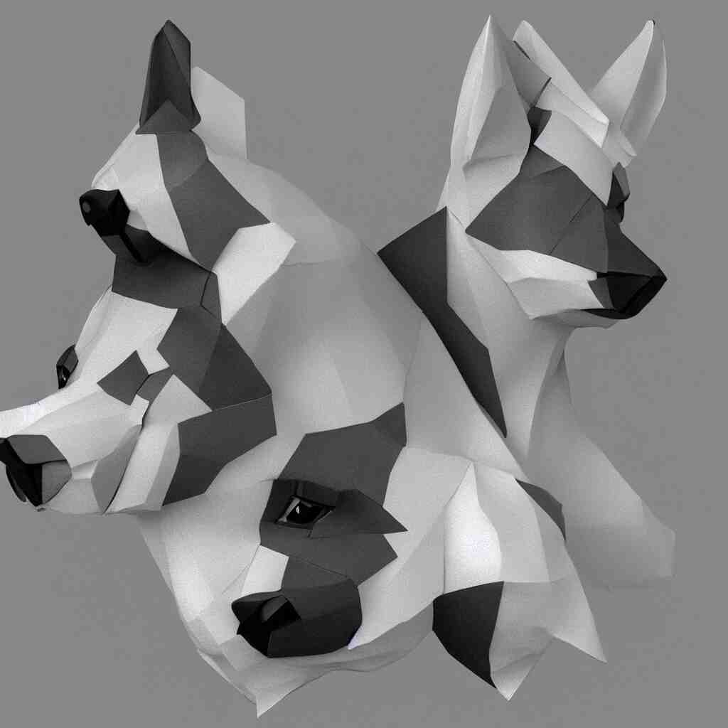 3 d rendering of paper japanese origami of simplified form of german shepherd, 2 d image 