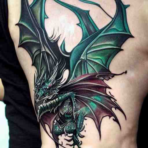 dark and vibrant fantasy dragon!!! drake wyvern, black and emerald dragon!!, forearm tattoo