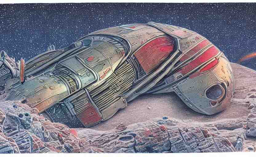 intricately detailed color pencil drawing, retro spaceship crash landed on an alien winter landscape 