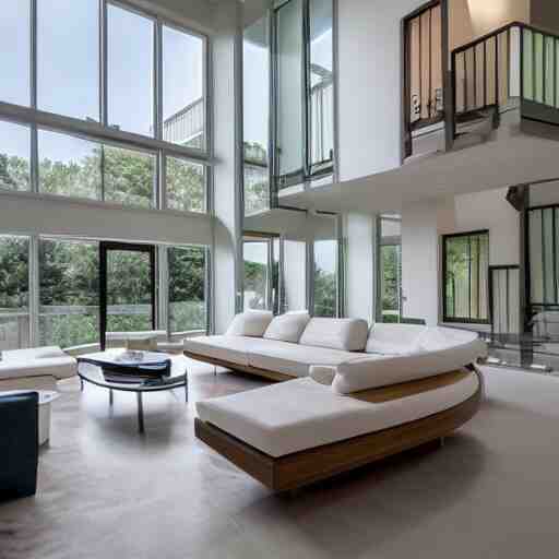 A modern style living room with floor to ceiling glass windows on the left and curved wooden stairs going upstairs on the right, two white sofas with a white marble table in the center, stairs to the second floor, 8k resolution, professional interior design photograph, wide angle photograph