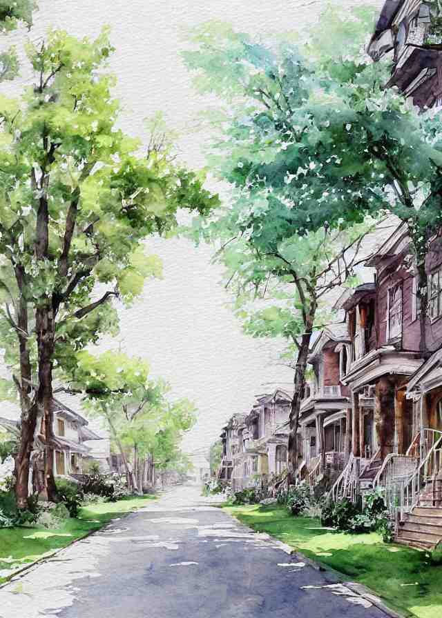 street lined with old residential houses summer watercolor by arti chauhan trending on artstation 