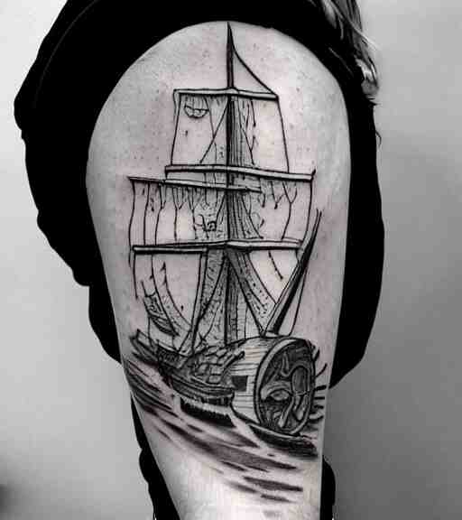 A realistic tattoo design sketch of a pirate ship, paper background, black and white tattoo, highly detailed tattoo, shaded tattoo, hyper-realistic tattoo