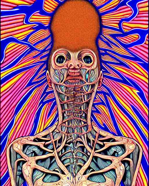 Human Body breaking away, Conjuring Psychedelic Illustration, part by Shintaro Kago, part by Alex Gray, ultra realistic, highly detailed, 8k, symmetry, grotesque, vibrant,