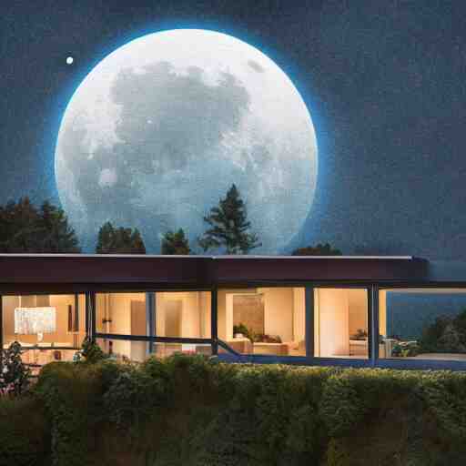 realistic extremely detailed photo real portrait painting of a mid-century modern house on cliff, in moon light, elegant, moody vibrant colors, herman miller, octane render, 4k