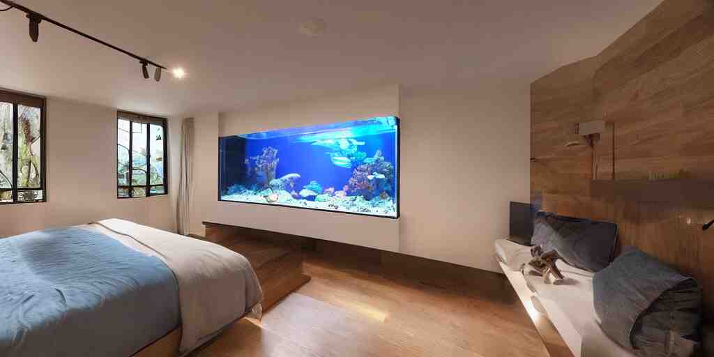 a bedroom with an aquarium behind the headboard, rays of light from the television on at midnight, calm environment, cinematic lighting, glare 