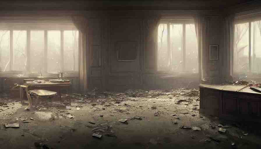 abandoned dusty oval office with lights through broken windows, hyperdetailed, artstation, cgsociety, 8 k 