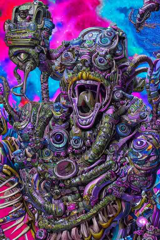 hyper-maximalist lowbrow style overdetailed 3d sculpture of a monster by clogtwo and ben ridgway inspired by beastwreckstuff chris dyer and jimbo phillips. Cosmic horror infused retrofuturist style. Hyperdetailed high resolution. Render by binx.ly in discodiffusion. Dreamlike surreal polished render by machine.delusions. Sharp focus. 