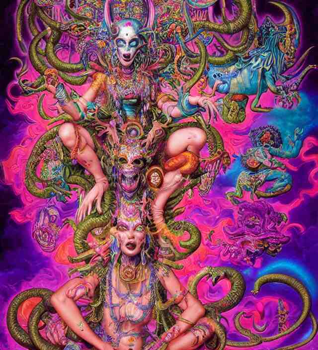 lisa frank blotter acid fantasy character portrait of kali ma, ultra realistic, wide angle, intricate details, dharma artifacts, aum, highly detailed by hr giger, peter mohrbacher, wayne barlowe, boris vallejo, hajime sorayama aaron horkey, gaston bussiere, craig mullins 