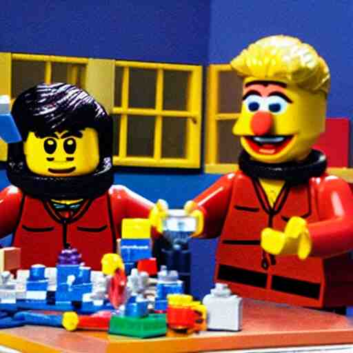 Bert and Ernie from Sesame Street build a Lego set together