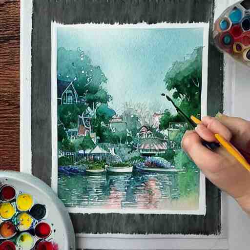 Beautiful happy picturesque charming sci-fi town in harmony with nature. Beautiful light. Water and plants. Nice colour scheme, soft warm colour. Beautiful artistic watercolor by Lurid. (2022)