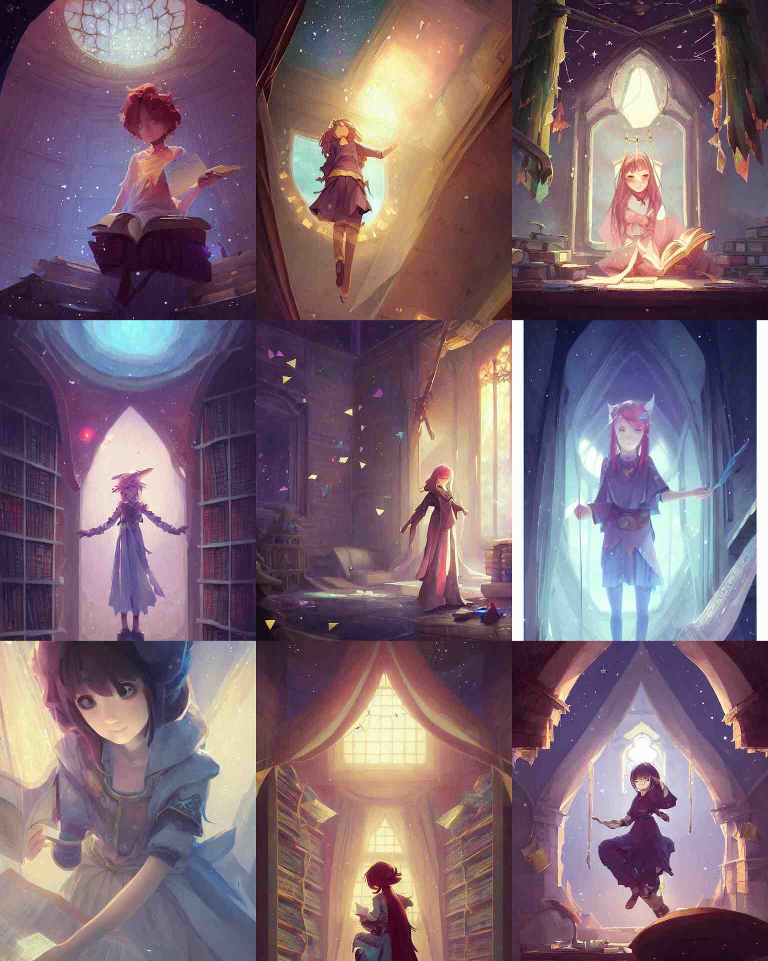 cute teenage mage with a polygonal library walls and glass ceilings showing the stars and hanging silk drapery and tapestries, light dust, magnificent, close up, details, sharp focus, elegant, highly detailed, illustration, by Jordan Grimmer and greg rutkowski and PiNe(パイネ) and 薯子Imoko and 香川悠作 and wlop and maya takamura, intricate, beautiful, Trending artstation, pixiv, digital Art