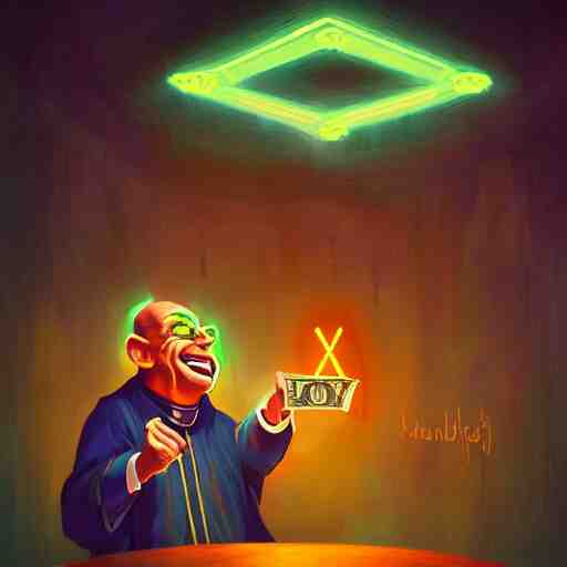 priest laughing while throwing dollar bills in the air in a strip club by mandy jurgens, cartoon, dark backgroun, visionary art, magic symbols, holy halo, neon ambient lighting, high detail, dark vibrant colors 