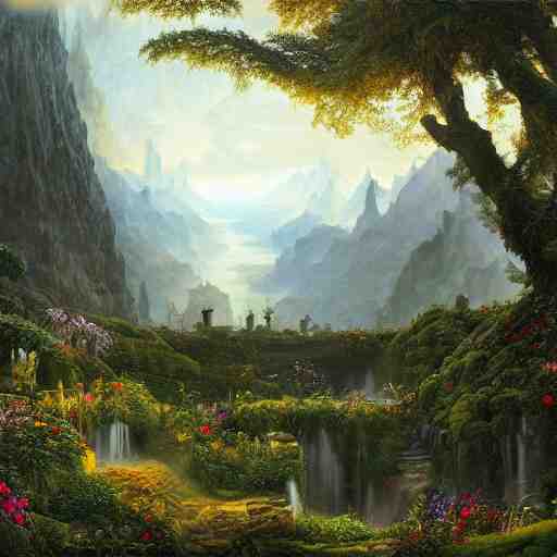 a beautiful and highly detailed matte painting of a magical garden deep in the misty mountains, intricate details, epic scale, insanely complex, 8 k, sharp focus, hyperrealism, by caspar friedrich, 