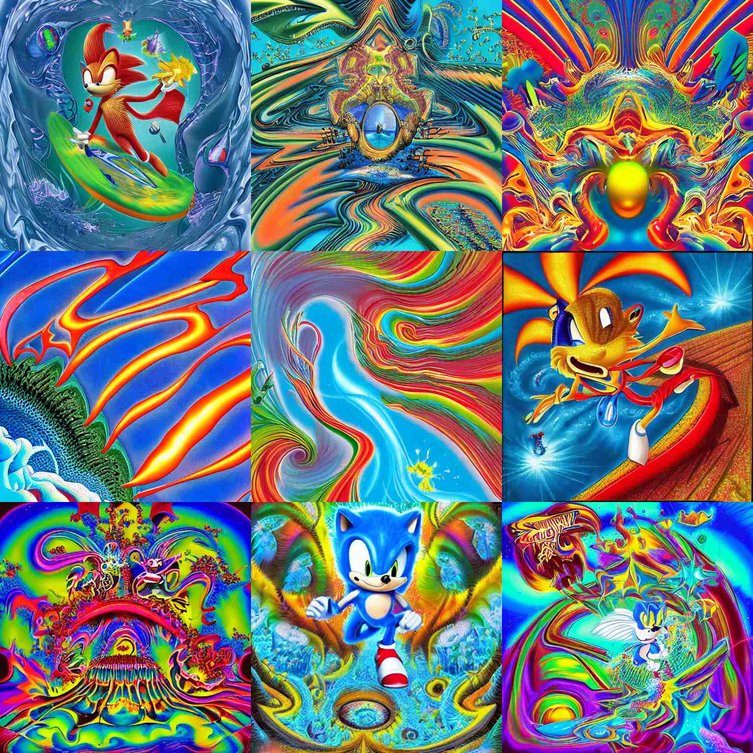 surreal, sharp, detailed professional, high quality airbrush art MGMT album cover of a liquid dissolving LSD DMT sonic the hedgehog surfing through cyberspace, mandelbrot pattern, 1990s 1992 Sega Genesis video game album cover