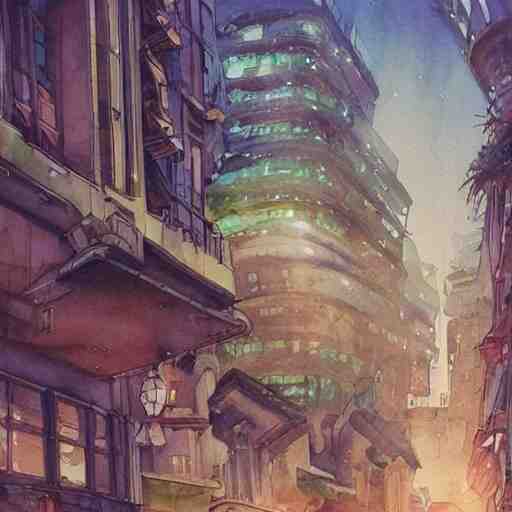 Beautiful happy picturesque charming sci-fi city in harmony with nature. Beautiful light. Nice colour scheme, soft warm colour. Beautiful detailed watercolor by Lurid. (2022)