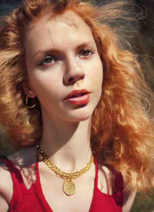 vintage photograph of an olive skinned female model with strawberryblonde hair in her twenties, her hair pinned up, wearing a designer top and one thin gold necklace, looking content, focused on her neck, photo realistic, extreme detail skin, natural beauty, no filter, slr, golden hour, 4 k, high definition, selfie 