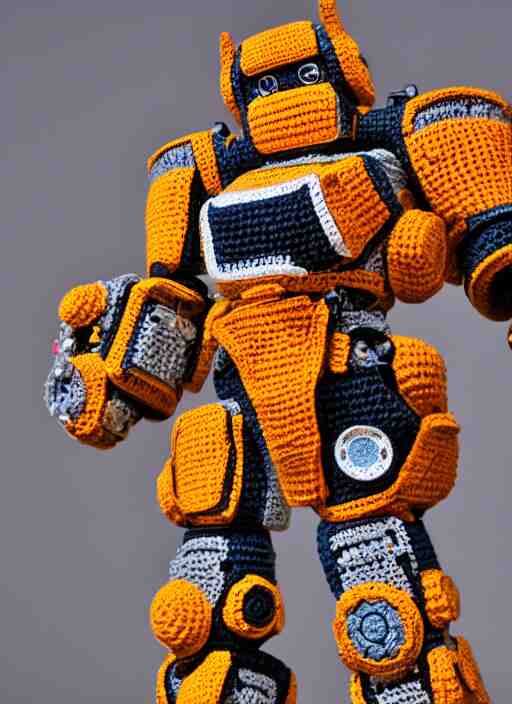 a crochet mecha, realistic, intricate, many details, no cropping, full body, Sigma 50 mm f/1.4