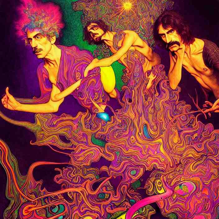 bright psychedelic photo of pink floyd and frank zappa tripping on lsd, diffuse lighting, fantasy, intricate, elegant, highly detailed, lifelike, photorealistic, digital painting, artstation, illustration, concept art, smooth, sharp focus, art by John Collier and Albert Aublet and Krenz Cushart and Artem Demura and Alphonse Mucha