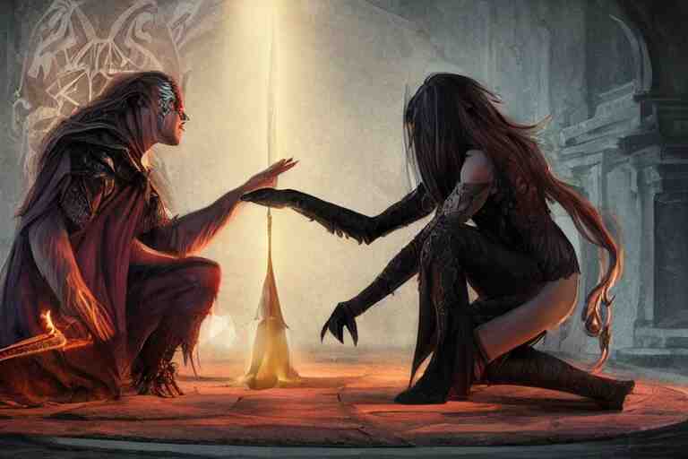 the dark sorceress bestows her magic upon her disciple, which is kneeling in front of her, concept art, trending on artstatio HD