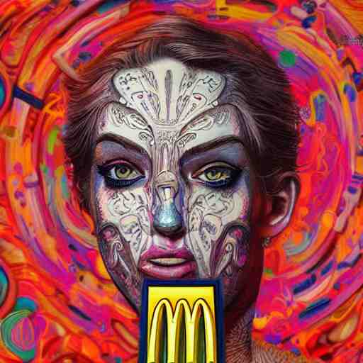 An extremely psychedelic portrait of McDonalds, surreal, LSD, face, detailed, intricate, elegant, lithe, highly detailed, digital painting, artstation, concept art, smooth, sharp focus, illustration