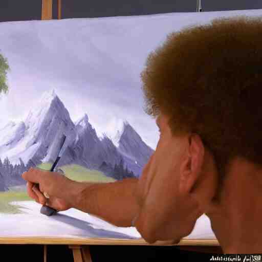 a closeup photorealistic photograph of bob ross working on a canvas painting of hulk. film still. brightly lit scene. mountains and trees. this 4 k hd image is trending on artstation, featured on behance, well - rendered, extra crisp, features intricate detail, epic composition and the style of unreal engine. 